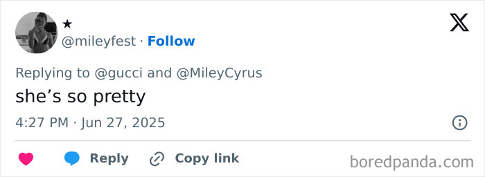Screenshot of a social media post praising Miley Cyrus amidst viral discussion on the trend of not having eyebrows.