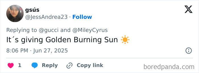 Social media user replying to Miley Cyrus Gucci tweet, sparking discussion on the trend of not having eyebrows.