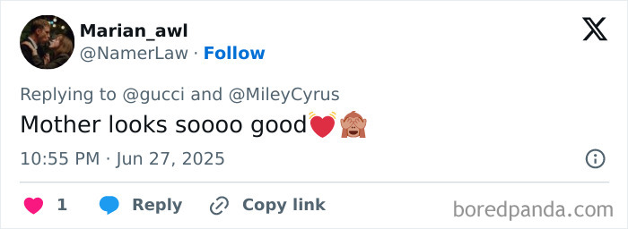 Tweet praising Miley Cyrus Gucci photo, sparking social media frenzy over trend of not having eyebrows.