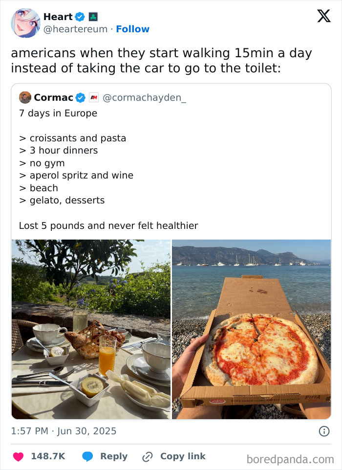 Tweet showing European vacation food and beach scenes, highlighting lifestyle amid affordable housing and urban living concerns.