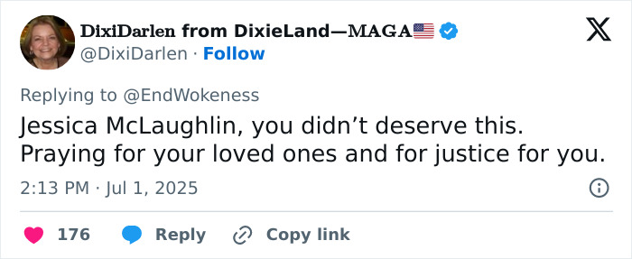 Screenshot of a tweet expressing sorrow and prayers for justice related to the horrific 7-Eleven manager coworker incident.