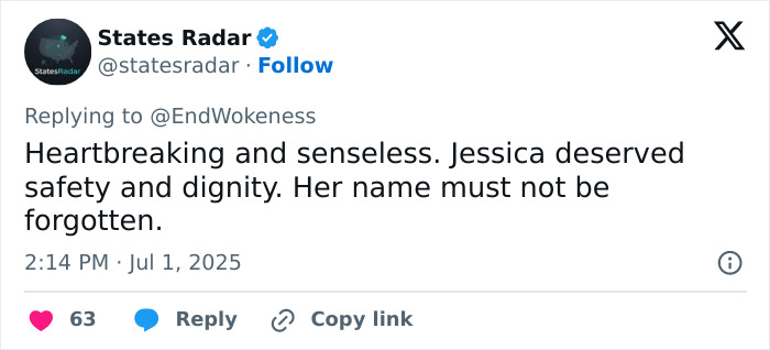 Tweet from States Radar condemning the horrific actions of 7-Eleven manager who slew coworker, emphasizing justice and remembrance.