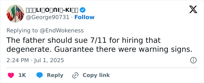 Tweet criticizing 7-Eleven hiring practices after horrific incident involving manager slaying coworker.
