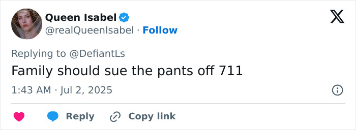 Tweet by Queen Isabel discussing suing 7-Eleven in context of horrific roommate and coworker incident.