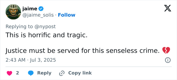 Tweet expressing horror and calling for justice in a horrific 7-Eleven manager coworker crime case.