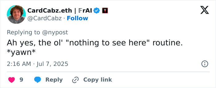 Tweet by user CardCabz.eth commenting on Epstein jail video missing minutes fueling doubts about him acting alone amid DOJ claims. - 21