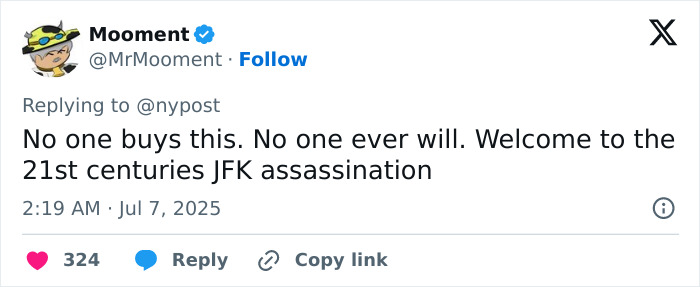 Tweet from user Mooment expressing disbelief about Epstein jail video missing minutes fueling doubts he acted alone amid DOJ claims. - 22