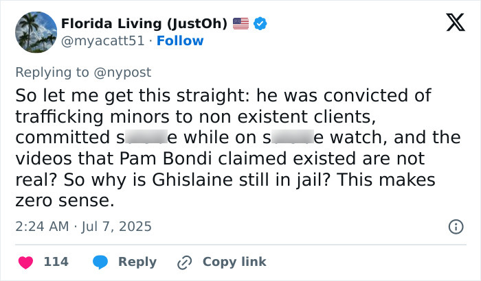 Social media post questioning Epstein jail video gaps and DOJ no client list claim amid trafficking case doubts. - 18