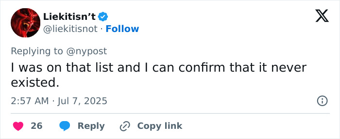 Screenshot of a tweet denying the existence of a client list related to the Epstein jail video controversy. - 15