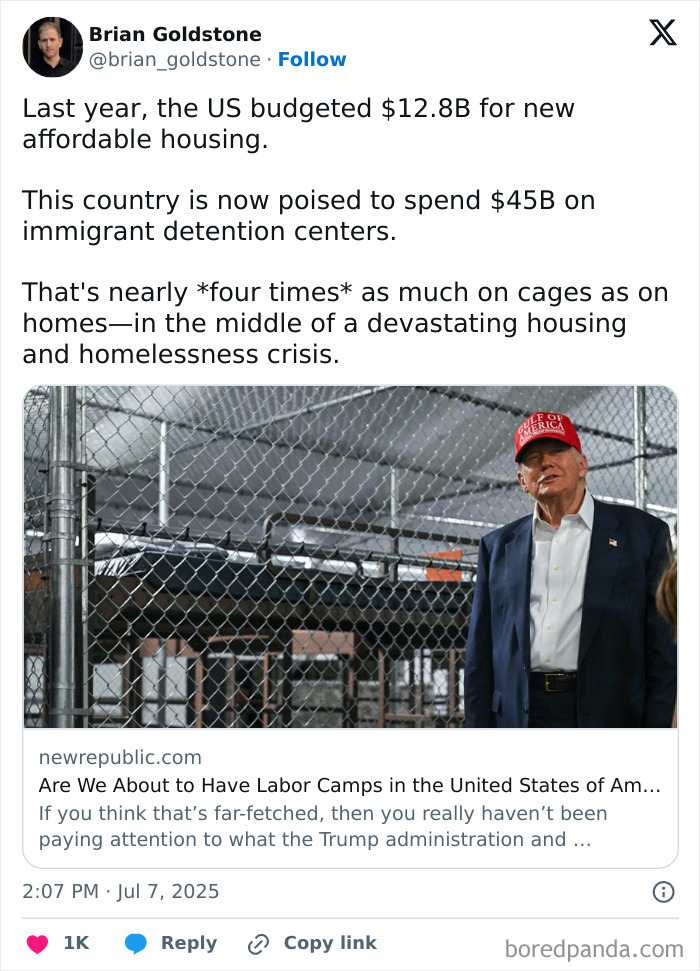 Tweet highlighting US budget priorities with image of a man near chain-link fences symbolizing a boring dystopia in modern life.