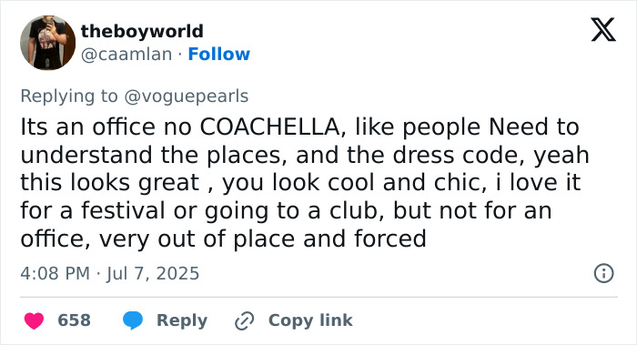 Screenshot of a tweet debating Gen Z worker&rsquo;s office dress code, highlighting views on inappropriate workplace attire.