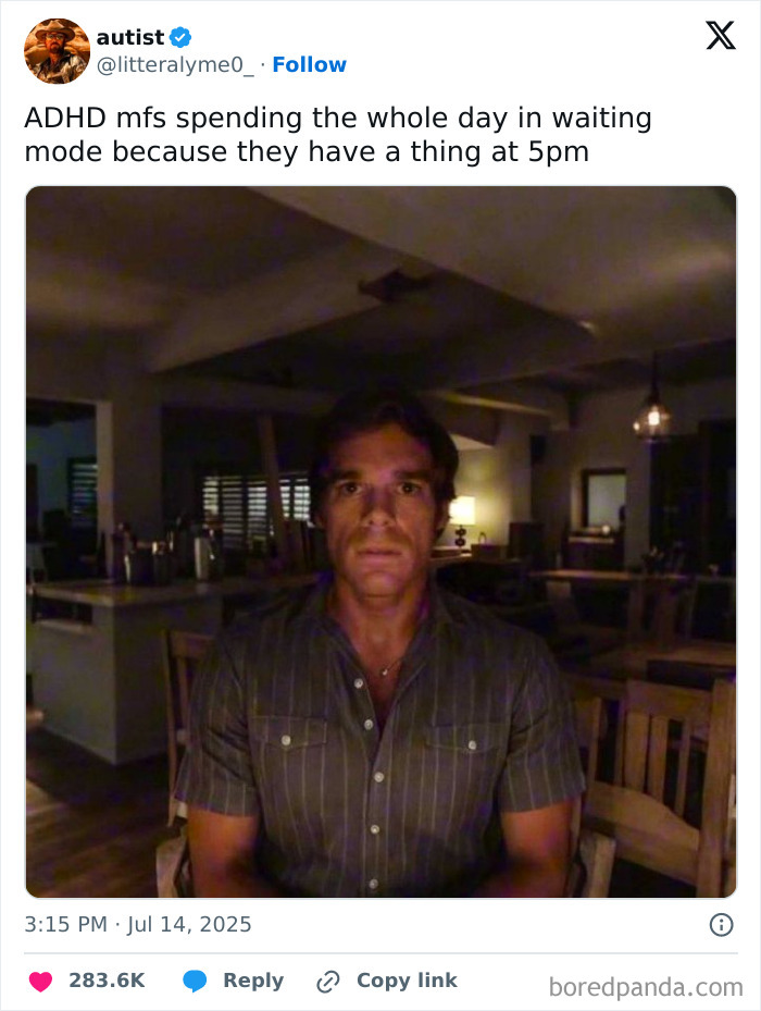 Man sitting in dimly lit room looking tense, illustrating hilarious tweets from July with relatable humor.