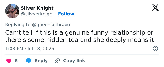 Tweet from Silver Knight speculating about a funny or meaningful relationship involving hidden tea and deep feelings.