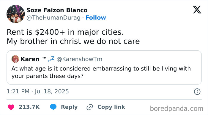 Tweet discussing high rent costs over $2400 in major cities, highlighting concerns about lack of affordable housing in the US.