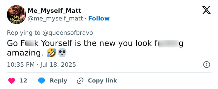 Screenshot of a social media reply containing a censored explicit message with emojis and timestamp details.