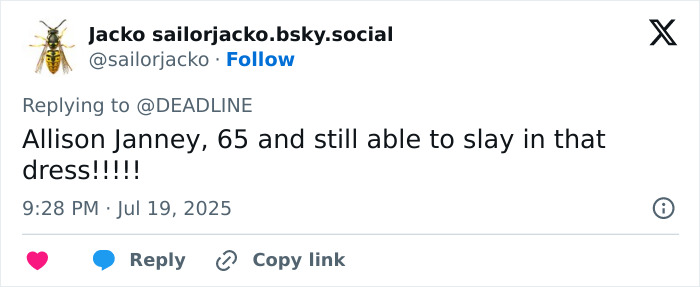 Social media post praising Allison Janney's pantless look, mentioning Jamie Lee Curtis cussing out on the red carpet.