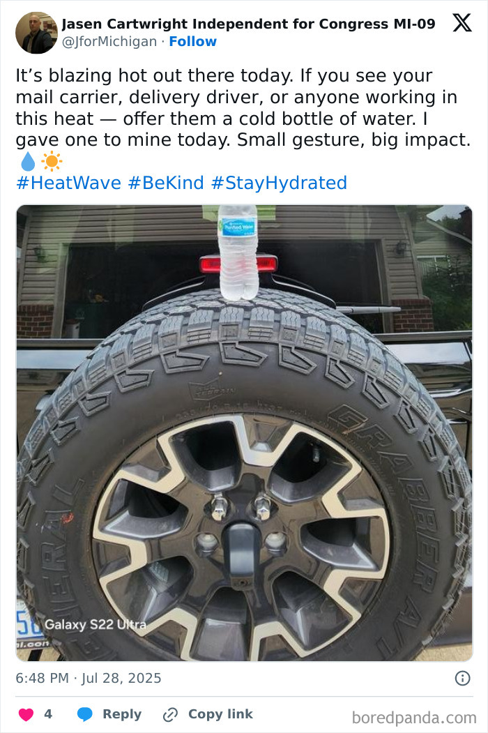 Water bottle placed on a tire in blazing heat during this year's heatwaves highlighting extreme global temperatures.