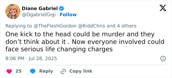 Tweet discussing serious charges faced after a violent Cincinnati brawl where a mom was brutally punched and knocked out.