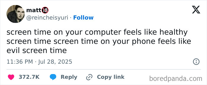 Tweet about screen time on computer versus phone shown on a social media post for funny and relatable tweets.