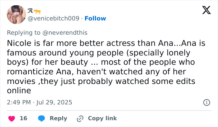 Screenshot of a Twitter reply criticizing Ana de Armas and comparing her acting to Nicole Kidman amid online backlash. Screenshot of a Twitter reply criticizing Ana de Armas and comparing her acting to Nicole Kidman amid online backlash.