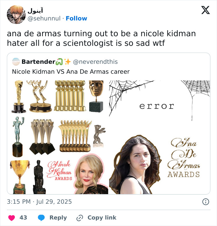 Tweet comparing Nicole Kidman's numerous awards with Ana de Armas, highlighting a backlash over Ana de Armas mocking Nicole Kidman's looks. Tweet comparing Nicole Kidman's numerous awards with Ana de Armas, highlighting a backlash over Ana de Armas mocking Nicole Kidman's looks.
