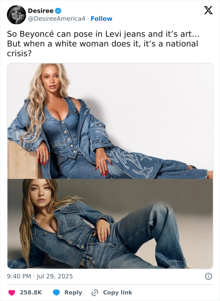 Beyoncé and Sydney Sweeney posing in denim jeans and jackets for contrasting fashion ad controversy. - 4