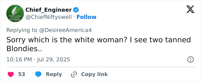 Screenshot of a Twitter reply questioning identity in a denim ad amid Beyoncé and Sydney Sweeney genes controversy. - 27