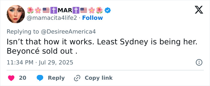 Social media user commenting on Beyoncé's denim ad amid Sydney Sweeney genes controversy and fan reactions. - 32