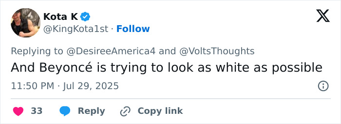 Screenshot of a tweet calling out Beyoncé in the Sydney Sweeney genes controversy related to a denim ad backlash. - 26