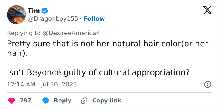 Tweet discussing Beyoncé and cultural appropriation in relation to a denim ad controversy with Sydney Sweeney fans responding. - 24