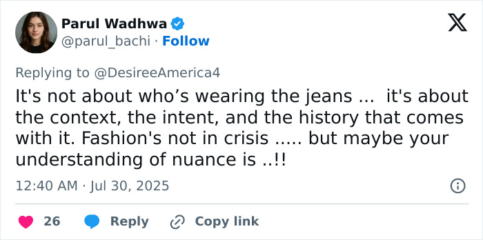 Parul Wadhwa responding to controversy about jeans, discussing context and history behind denim in a social media post. - 19