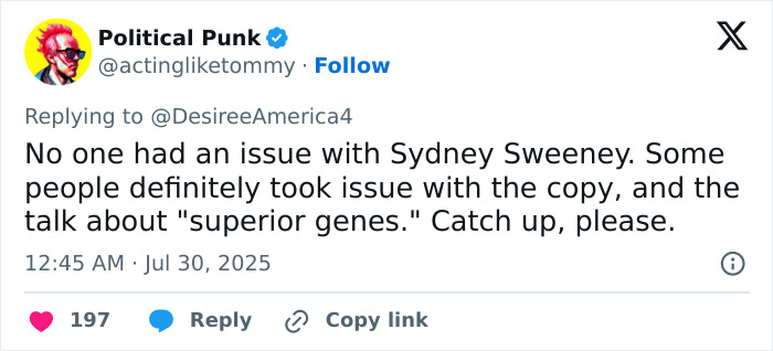 Tweet screenshot showing a discussion on Beyoncé dragged into Sydney Sweeney genes controversy over a denim ad. - 18