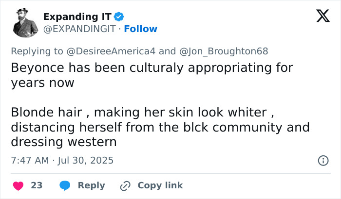 Tweet screenshot showing a discussion about Beyoncé and cultural appropriation amid Sydney Sweeney denim ad controversy. - 28