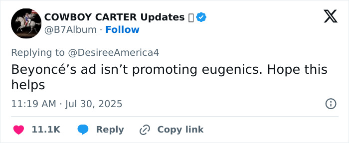 Screenshot of a tweet addressing Beyoncé and a controversy over her denim ad linked to Sydney Sweeney genes debate. - 16