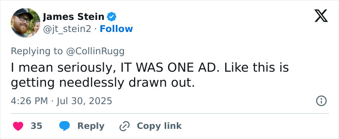 Screenshot of a tweet discussing a reaction to Sweeney&rsquo;s AE ad and its impact on viewers.