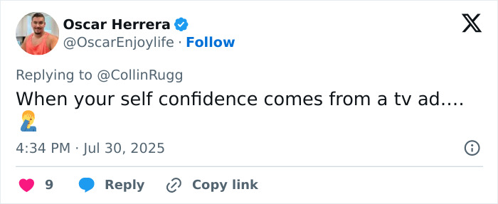 Tweet by Oscar Herrera reacting to Sweeney AE ad, discussing self confidence and its impact on viewers.
