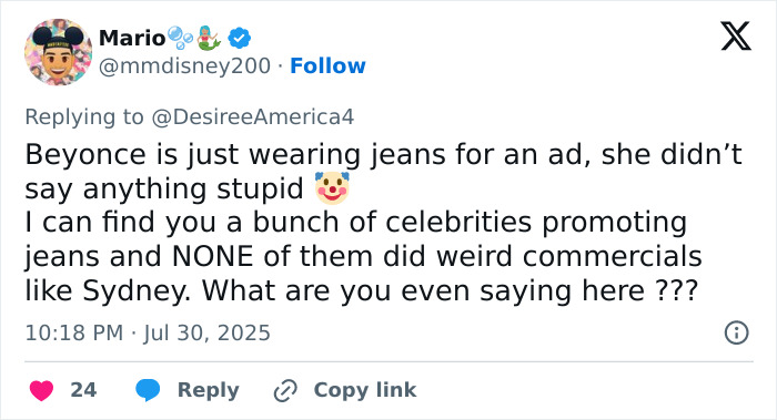Tweet criticizing fans accusing Beyoncé in Sydney Sweeney jeans controversy, defending Beyoncé’s denim ad involvement. - 20