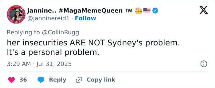 Screenshot of a tweet discussing jealousy and personal insecurities related to Sweeney&rsquo;s AE ad controversy.