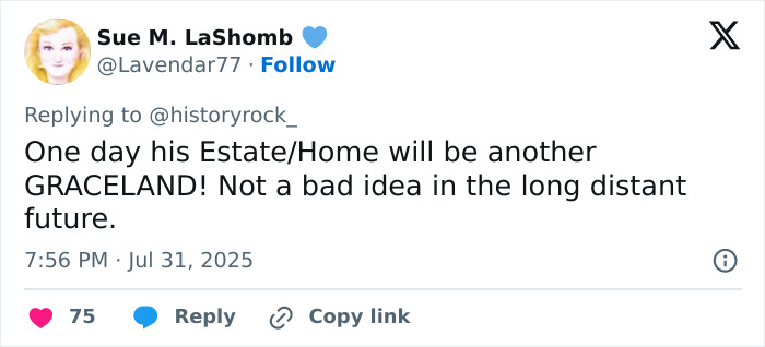 Tweet from Sue M. LaShomb discussing the idea of Ozzy Osbourne&rsquo;s estate becoming a Graceland-style site in the future.