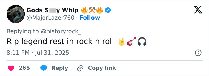 Twitter user expressing condolences for Ozzy Osbourne with a comment on rock and roll legacy.