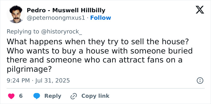 Tweet discussing the challenges of selling Ozzy Osbourne&rsquo;s house with his grave in the backyard and fan pilgrimages.