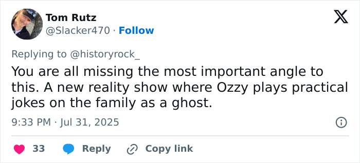 Tweet discussing a new reality show idea featuring Ozzy Osbourne&rsquo;s house with his grave in the backyard.