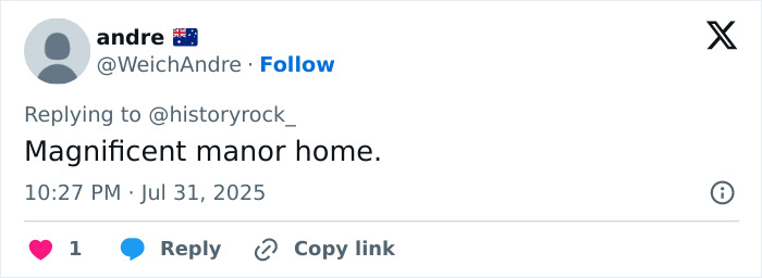 Screenshot of a social media comment praising a magnificent manor home, related to lawyers explaining property and grave issues.