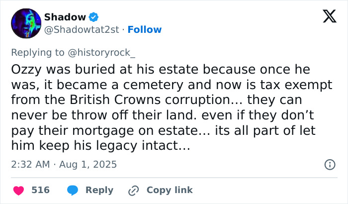 Tweet discussing the legal implications of buying Ozzy Osbourne&rsquo;s house with his grave in the backyard.