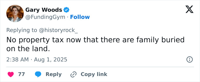 Tweet by Gary Woods discussing property tax implications of buying a house with family graves on the land, related to Ozzy Osbourne.
