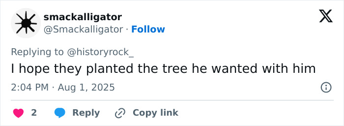 Tweet by user smackalligator commenting on planting a tree with Ozzy Osbourne's grave in the backyard of his house.