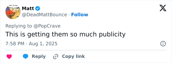 Tweet by Matt replying to PopCrave about increasing publicity, timestamped August 1, 2025, related to Sweeney AE ad controversy.
