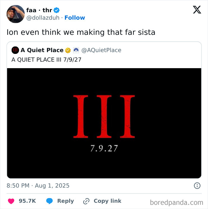 Twitter user reacting humorously to a movie announcement in a collection of funny and relatable August tweets.