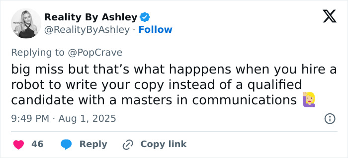 Tweet by Reality By Ashley criticizing robot-written copy, referencing communication skills and Sweeney&rsquo;s AE ad trauma.