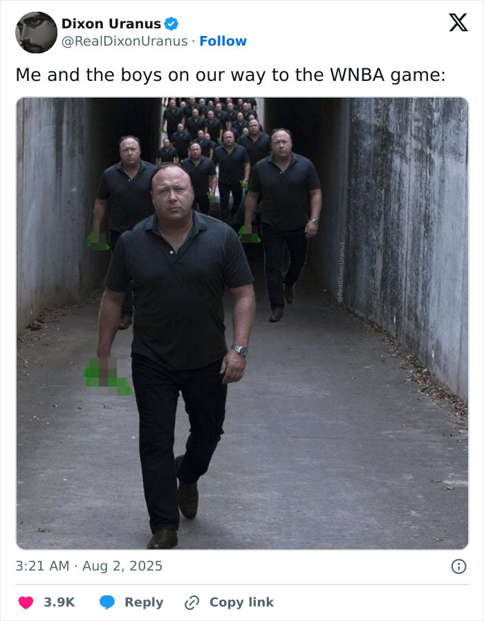 Multiple identical men dressed in black walking confidently, referencing viral footage of flying dildo hitting WNBA star. Multiple identical men dressed in black walking confidently, referencing viral footage of flying dildo hitting WNBA star.